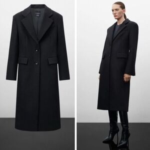 Mango MNG x Jen Ceballos black gray wool button long coat trench size small NWT